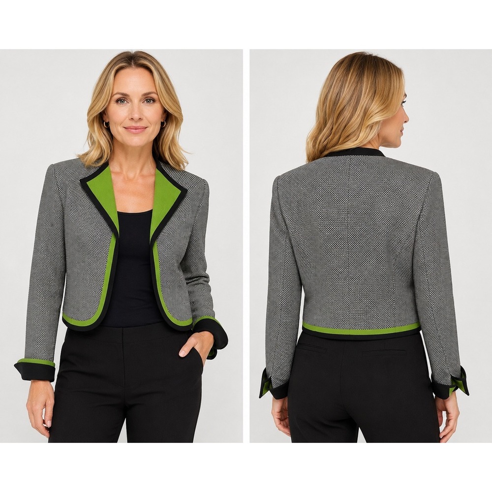 Vintage 80s Black White Cropped Open Front Blazer Lime Womens L Geometric Jacket